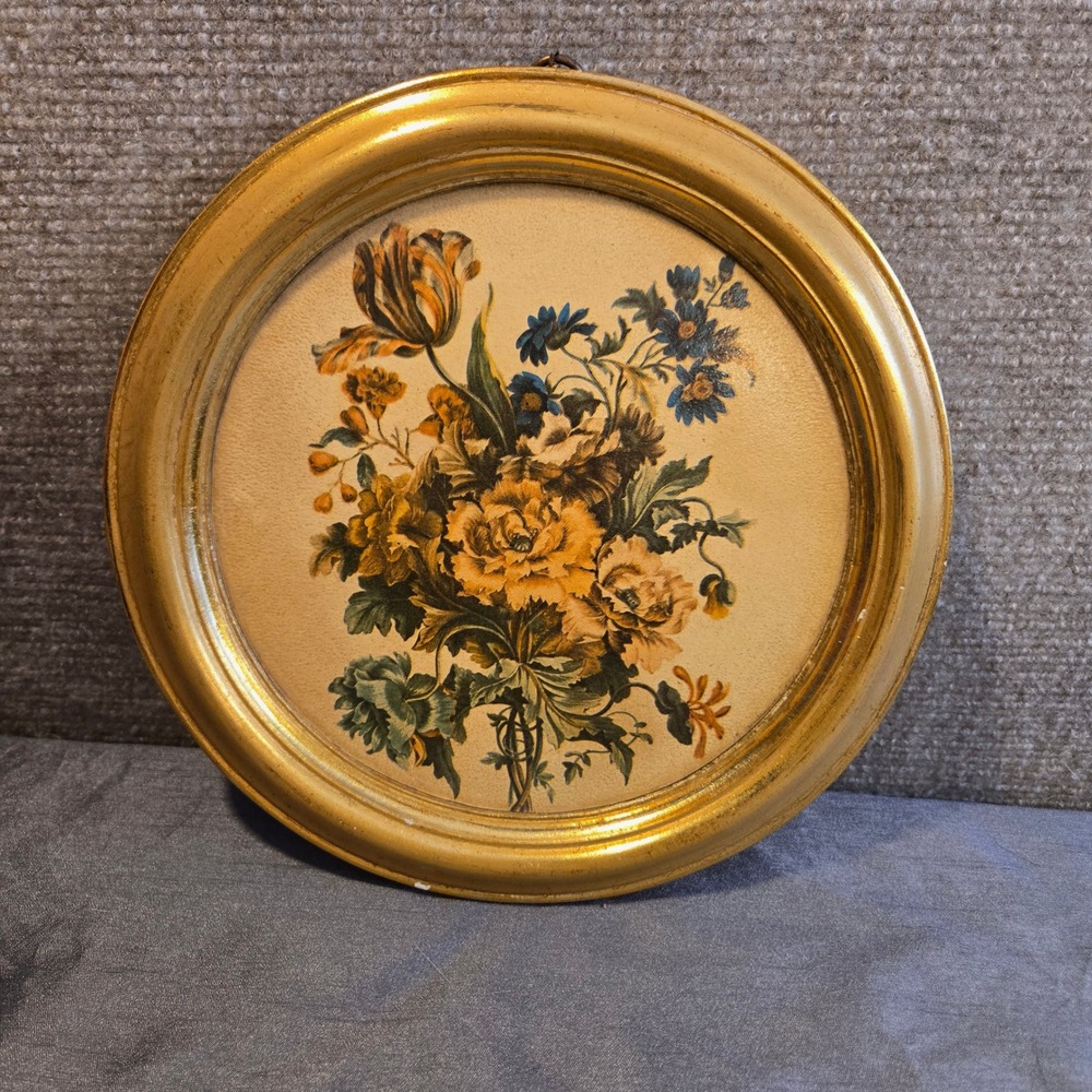Vintage Borghese Floral Bouquet Round‎ Gold Gilt Framed Wall Art Plaque 9.5 inch